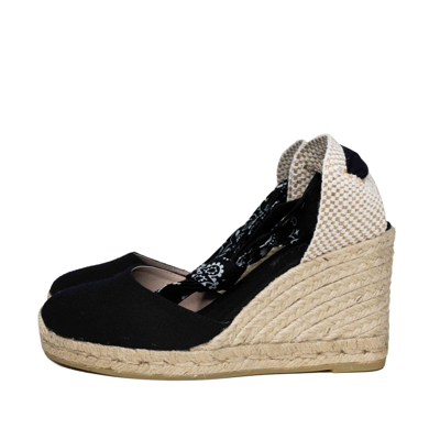 Mc2 Saint Barth Black Print Canvas Espadrillas With Hight Wedge And Ankle Lace