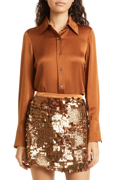 Ramy Brook Victoria Stretch Silk Satin Button-up Blouse In Copper