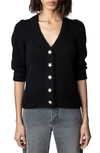 Zadig & Voltaire Betsy Star Button Three-quarter Sleeve Cashmere Cardigan In Noir