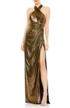 Mac Duggal Metallic Criss Cross Halter Neck Gown In Antique Gold