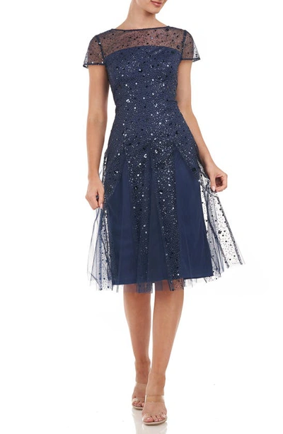 Js Collections Alyssa Godet Sequin Lace Midi Dress In Navy