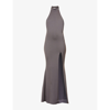 HOUSE OF CB OF CB WOMENS JULIETTE HALTER-NECK SPLIT-HEM STRETCH-WOVEN MAXI DRESS SHADOW,58863382