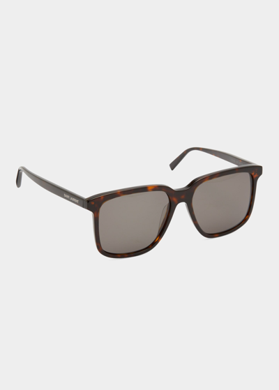 Saint Laurent Men's Rectangle Logo Sunglasses In Brown