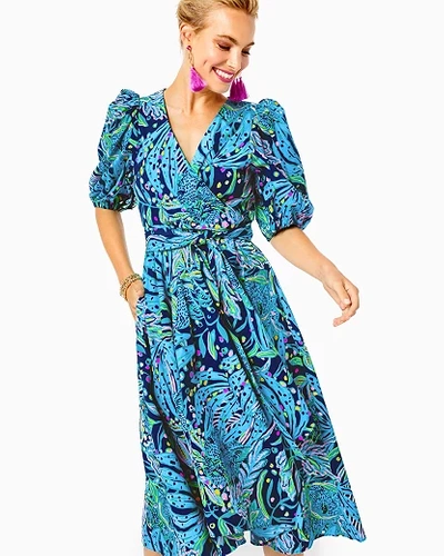 Lilly Pulitzer Juney Midi Dress In Low Tide Navy Catty Purrsonality