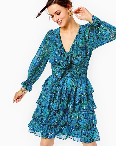 Lilly Pulitzer Laralynn Metallic Printed Tiered Long Sleeve Dress In Low Tide Navy Lil Catty Purrsonality