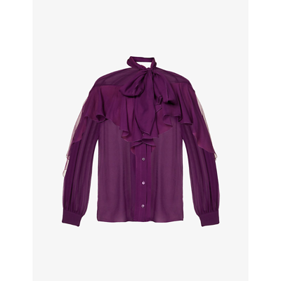 Alberta Ferretti Semi-sheer Ruffled Silk Blouse In Violet