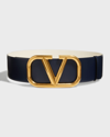 Valentino Garavani Vlogo 70mm Wide Box Leather Belt In Marine/lt Ivory