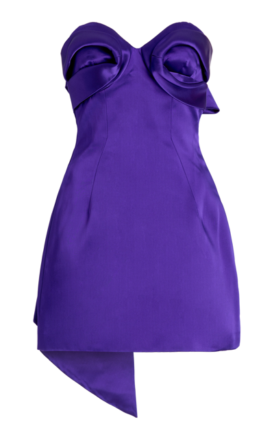 Area Strapless Draped Bow Satin Mini Dress In Purple