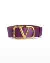 Valentino Garavani Vlogo 70mm Wide Box Leather Belt In Prune/rose Violet
