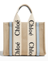 CHLOÉ WOODY SMALL TOTE BAG IN LINEN WITH CROSSBODY STRAP