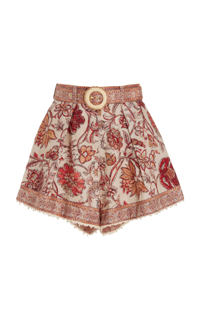 Zimmermann Vitali Trimmed Tuck Belted Shorts In Red,orange,beige