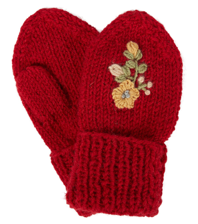 Caramel Kids' Petral Embroidered Wool-blend Mittens In Red