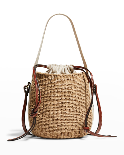 CHLOÉ WOODY SMALL MIFUKO BASKET BAG IN FAIR TRADE PAPER EMBELLISHED WITH LINEN