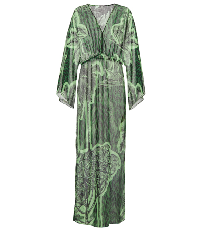 Johanna Ortiz Del Rio Tropical Print Long Sleeve Georgette Maxi Dress In Toile Black/deepgreen