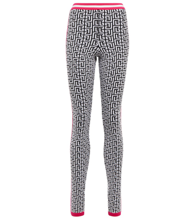 Balmain Side-stripe Monogram Knit Leggings In Noir Blanc Fuchsia