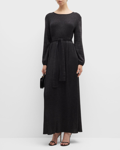 Misook Pleated Shimmer Knit Maxi Dress In Black