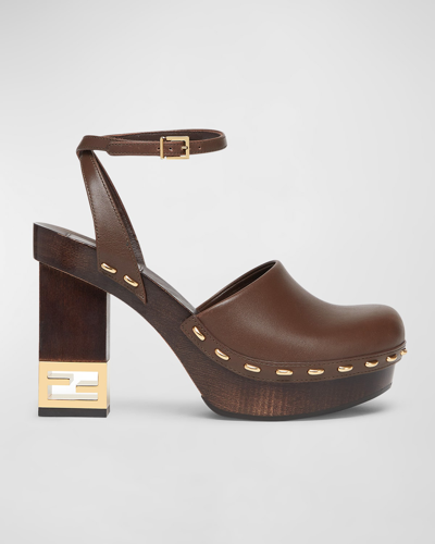 Fendi Vitello Leather Ankle-strap Clog Pumps In Brown