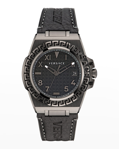 Versace Greca Reaction Leather Strap Watch, 44mm In Ip Gunmetal