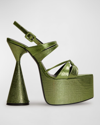 D’accori Belle Calfskin Slingback Platform Sandals In Chameleon Green
