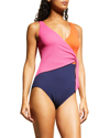 Tommy Bahama Color-blocked Wrap-front One Piece Swimsuit In Passion Pink