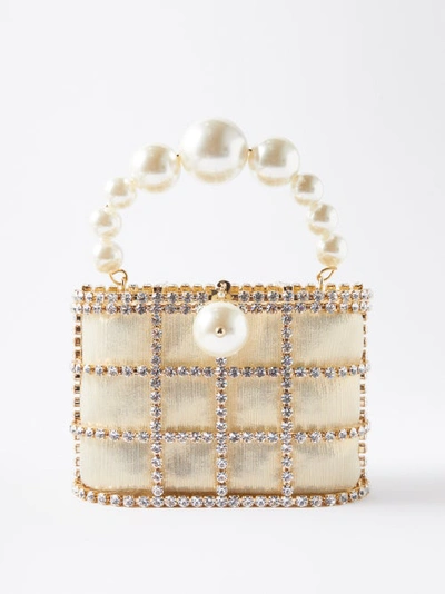 Rosantica Holli Crystal & Imitation Pearl Satin Cage Handbag In Gold