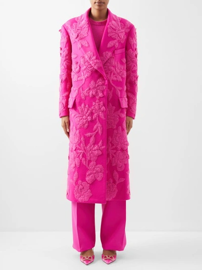 Valentino Oblique-front Floral-appliqué Wool-blend Overcoat In Pink