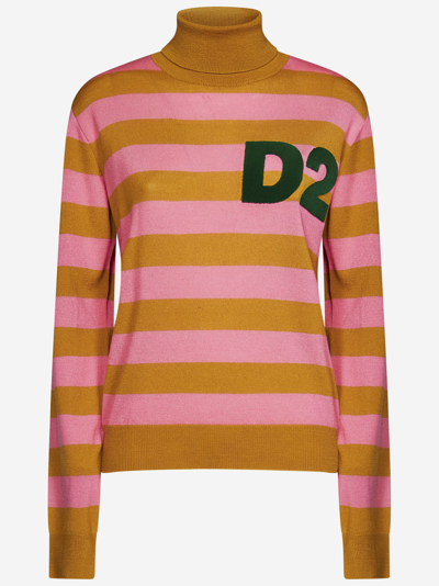 Dsquared2 Striped Turtleneck Sweater In Brown