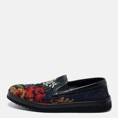 Pre-owned Dolce & Gabbana Multicolor/black Denim And Leather Embroidered Slip On Loafers Size 41