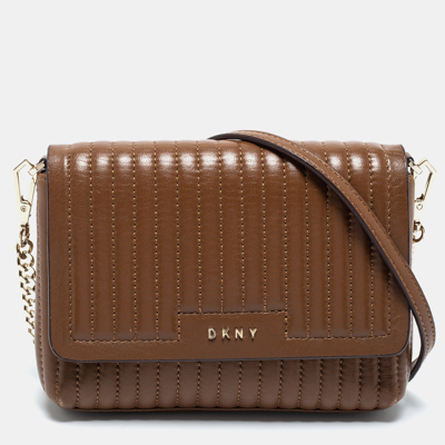 Pre-owned Dkny Brown Pinstripe Quilted Leather Small Gansevoort Flap Shoulder Bag