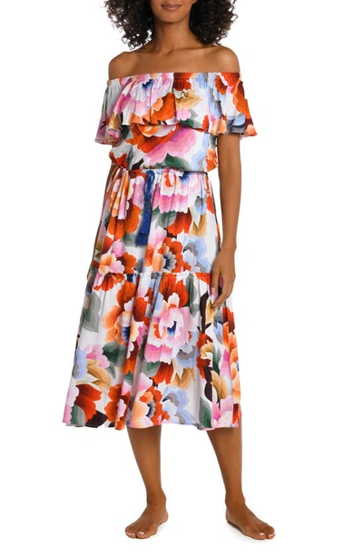La Blanca Floral Off-shoulder Midi Dress In Multi