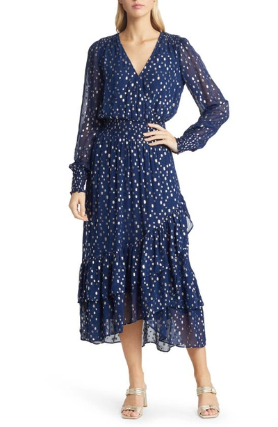 Lilly Pulitzer Cristiana Long Sleeve Chiffon Midi Dress In Low Tide Navy Viscose Metallic