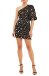Endless Rose One-shoulder Puff-sleeve Sequin Mini Dress In Black