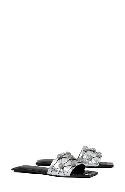 Tory Burch Crystal Bobble Flat Slide In Silver/silver/perfect Black