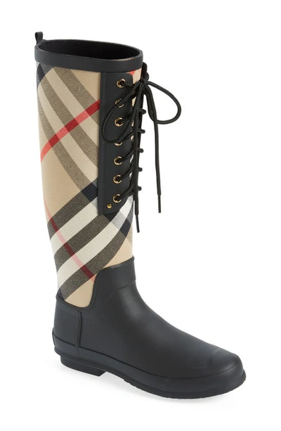 Burberry House Check Panel Rubber Rain Boots In Black