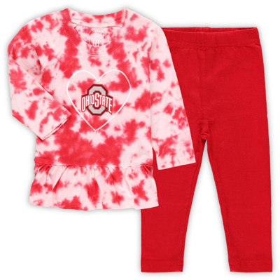 Wes & Willy Babies' Girls Infant  Scarlet Ohio State Buckeyes Tie-dye Ruffle Raglan Long Sleeve T-shirt & Leg