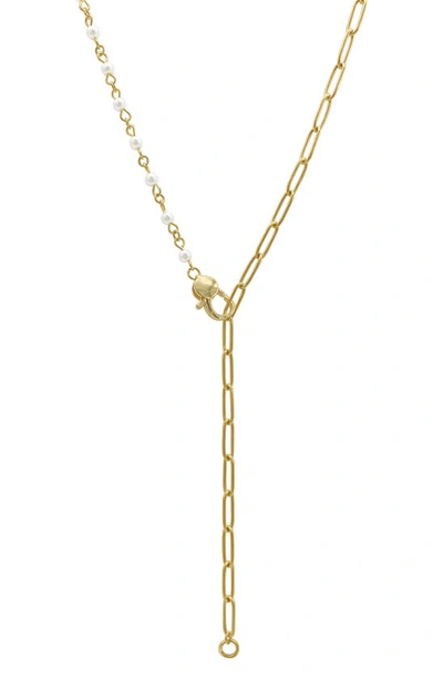 Adornia 14k Yellow Gold Plated Stainless Steel Mosaic Imitation Pearl And Chain Lock Necklace In White