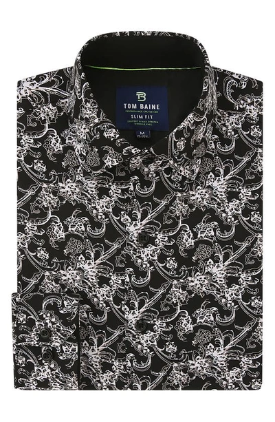 Tom Baine Slim Fit Print Long Sleeve Button-up Dress Shirt In Black Paisley