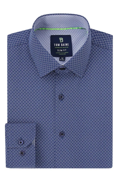 Tom Baine Slim Fit Print Long Sleeve Button-up Dress Shirt In Navy