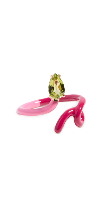 Bea Bongiasca B Vine Ring In Bubblegum Pink And Amarena Enamel With Peridot Drop