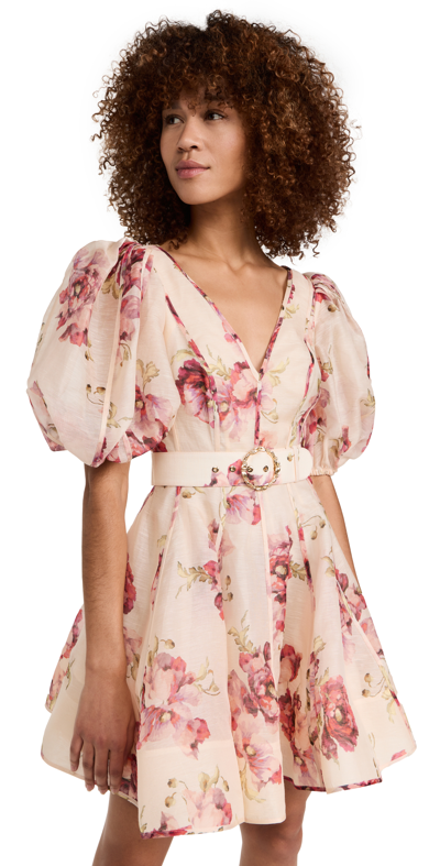 Zimmermann High Tide Belted Floral-print Silk And Linen-blend Mini Dress In Multi-colored