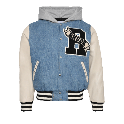 Pre-owned Rhude Washed Denim Hooded Varsity Jacket 'indigo/creme' In Blue