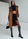 Princess Polly After Party Faux Suede Long Coat With Faux Shearling Trim In Brown