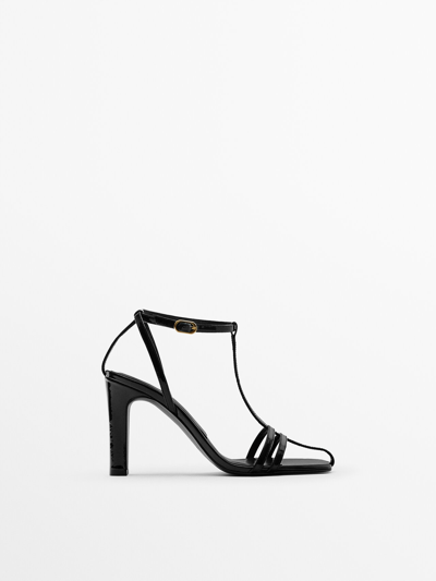 Massimo Dutti Heeled Leather Strappy Sandals In Black