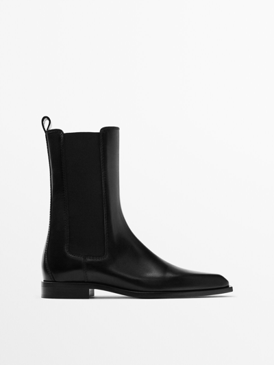 Massimo Dutti Flat Leather Chelsea Boots In Black