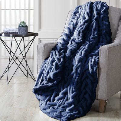 Modern Threads Luxury Braided Faux Fur Reverse To Flannel Throw Blanket In Navy