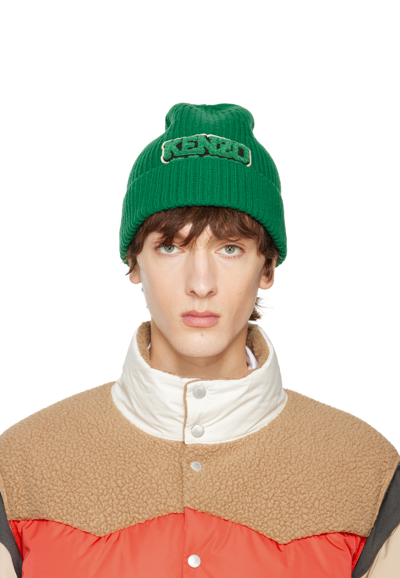 Kenzo Green College Patch Beanie In Grass Green