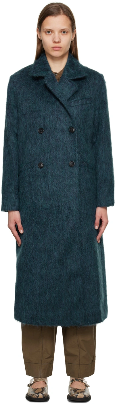 Ganni Brushed Double-breasted Coat In Light Blue