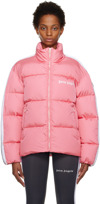 Palm Angels Striped Webbing-trimmed Padded Shell Down Jacket In Pink White
