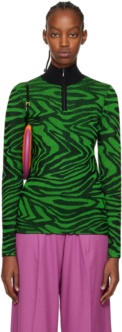 Stine Goya Sylvie Intarsia Half-zip Ribbed-knit Top In Verde