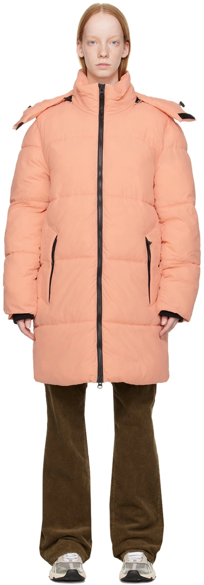 The Very Warm Pink Long Hooded Puffer Jacket In Coral Pink